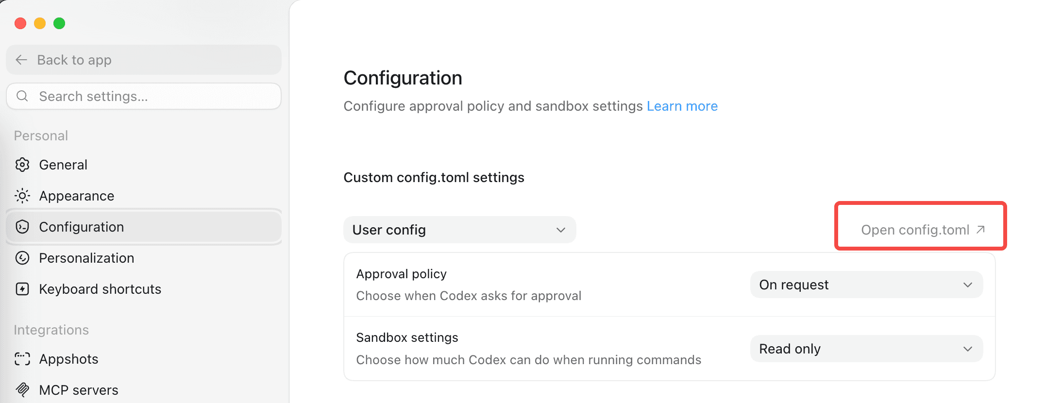 在 Codex 桌面端中打开用户级 config.toml